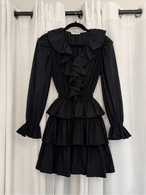 Ulla Johnson Black Cotton Ruffle Tiered Mini Dress Size 4 A/W 2022 Drawstring